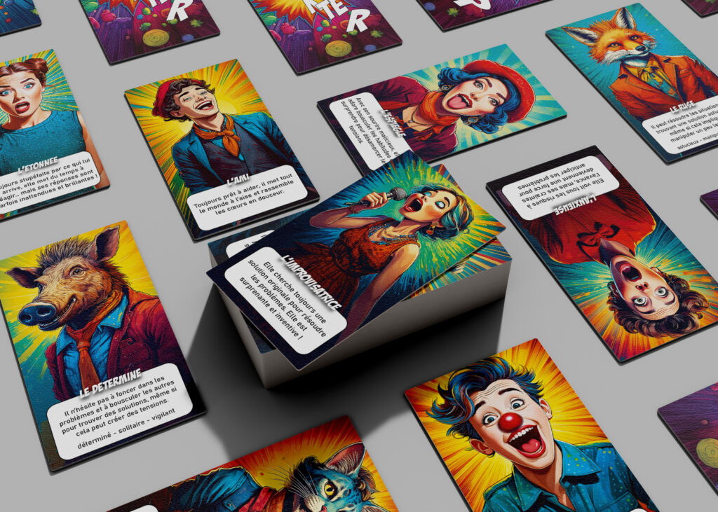 Cartes personnages du jeu Carakter représentant des profils variés tels que l'Improvisatrice, le Timide, le Déterminé ou le Clown, conçues pour explorer les émotions, les habiletés sociales et les interactions à travers le jeu.